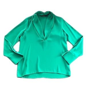 Zara Basic Split V-Neck Puff Neckline Cuff Sleeve Blouse in Green